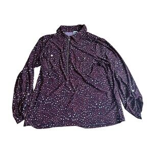 Anne Klein Long Sleeve Knit Blouse Women Zip Front XL Red Wine Leopard Print